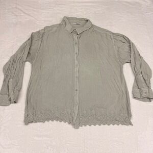 Solitaire Top Women's 2X Grey Embroidered Button Up Quiet Luxury Boho
